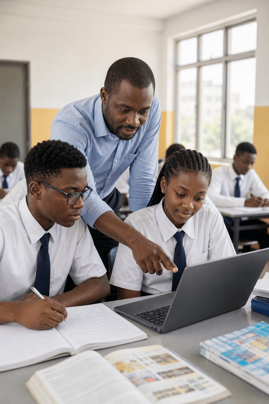 Teacher guiding students with Stanceweb in a classroom